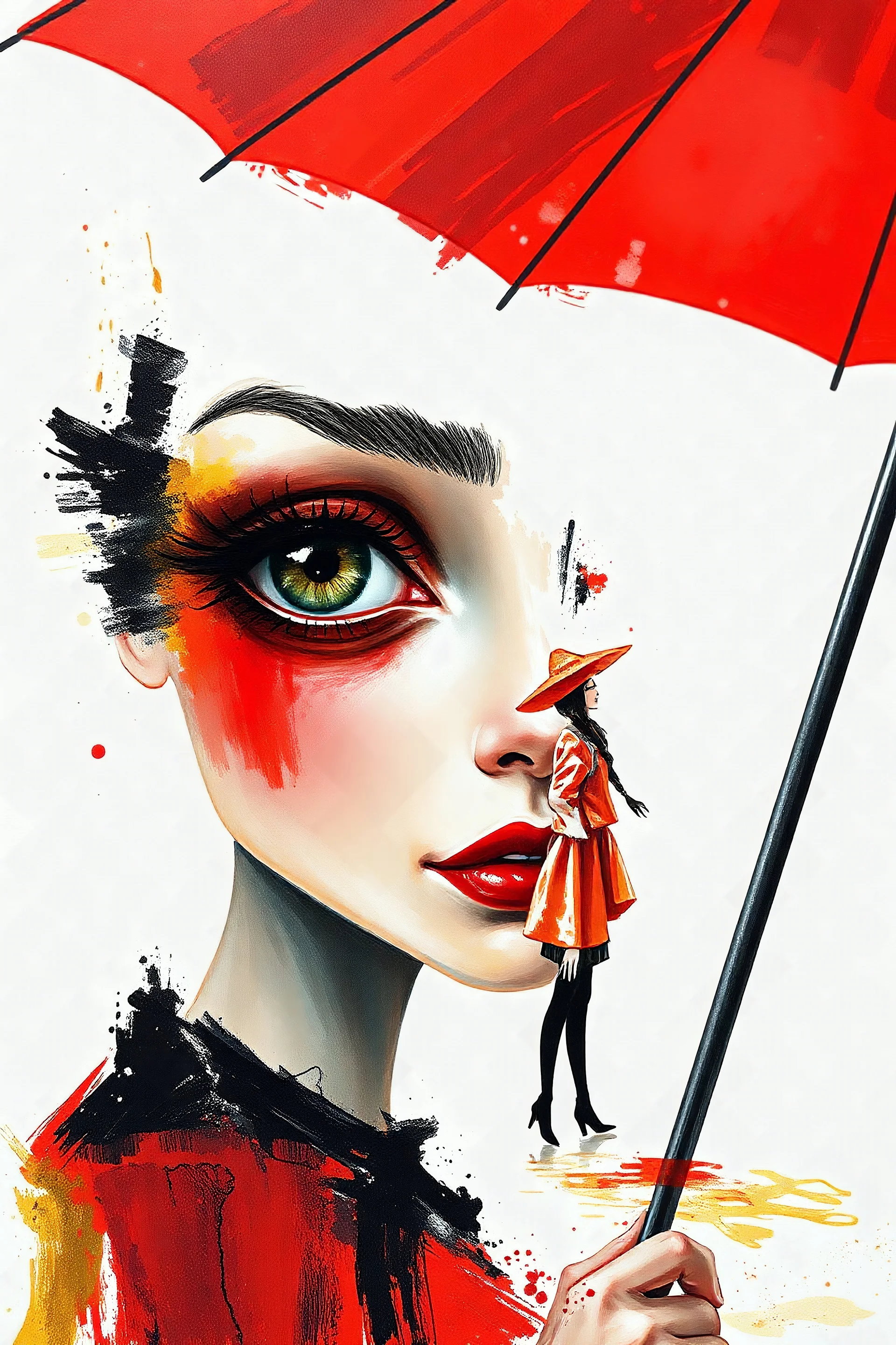 Digital surreal mixed media exposure photography, a sharp tearful big eye, between brush strokes thick of knife palette paint, a woman's face half. Sharp focus on large eyes, white background, hand-painted oil thick watercolor gold painting on canvas, mixed media portrait of a strange thin woman, sensuality walking holding a red umbrella, bold red, opaque black, orange mixed with opaque yellow. Minimalist artistic abstract creation, high quality photography, aesthetic.