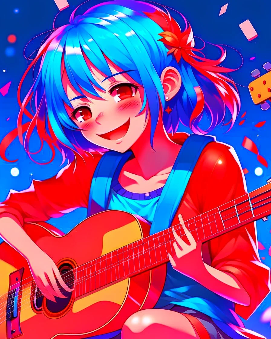Art style Anime manga, Girl with blue hair playing a red magic guitar, several musical notes behind her, light red eye color, wears casual clothes but involves music, She smiles while playing with one of her eyes closed