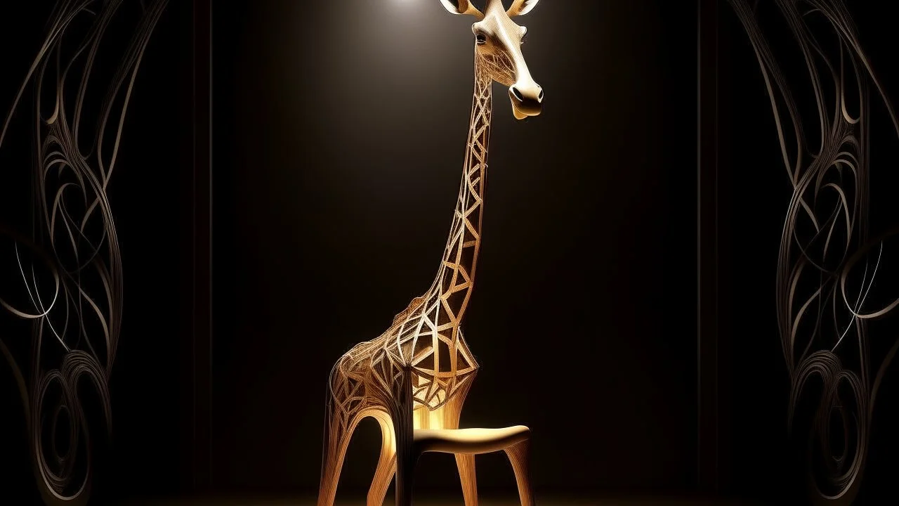 Design a celestial being with a long giraffe-like neck, dog-like pointed ears, ethereal wings reminiscent of a celestial wooden chair, and a tail unfolding into fan-like patterns when in motion. Render the image with an otherworldly aura and a trail of gentle wind.