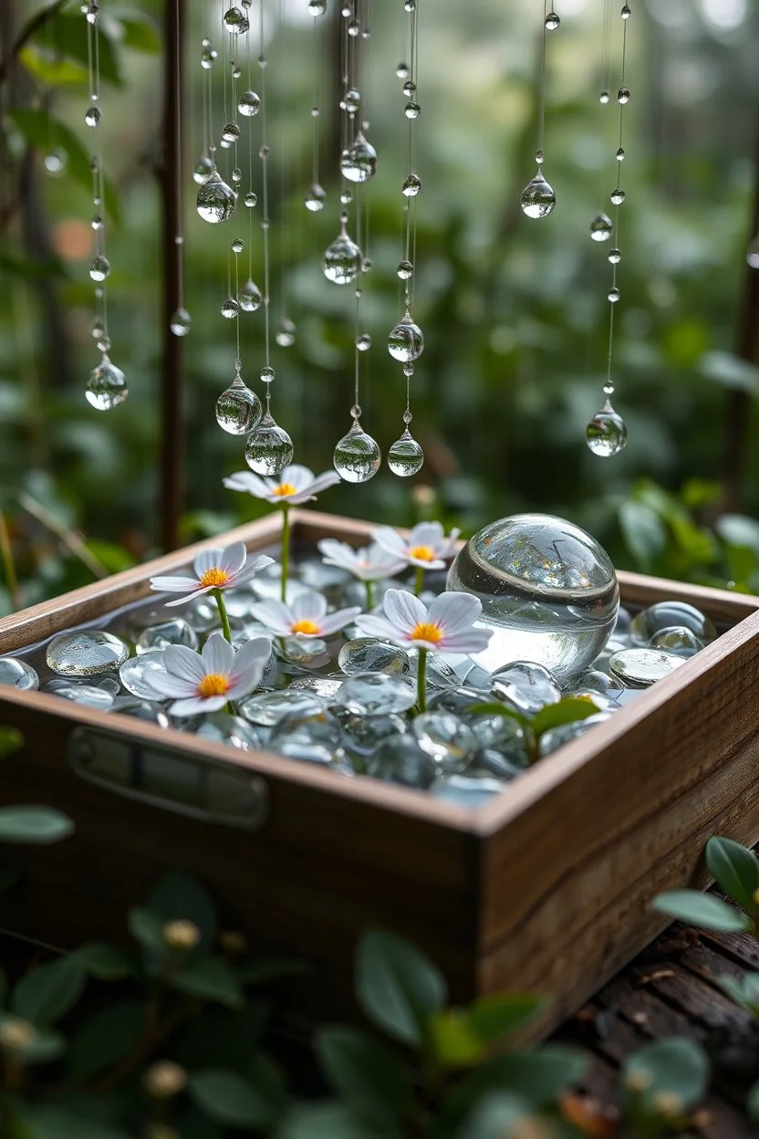 A box full of a small pond in the middle of the forest, transparent glass pebbles, transparent glass flowers, tenderness, elegance, hyperdetail, glass threads, water drops on threads, spheres of different sizes, sophistication, crystal shine, crystal pendants, globes, rainbow rain