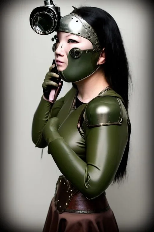 Steam-punk style random-mask. Large fencing mask covers chin and cheeks. Brainless girls. Reflective surface on face, full coverage, reflective. Camera lenses as eyes. Head full of integrated old-fashioned cameras and phone. Army green surfaces body, latex. Perfect body, thick thighs and calves. Asa Akira. SElfie. Wide hip, skirt bleats nicely. Partly symmetrical. Straitjacket. Hyperboloid background. Steam-plunge air-bottles. Euclidean 3D-tiling walls. surrealistic atmosphere