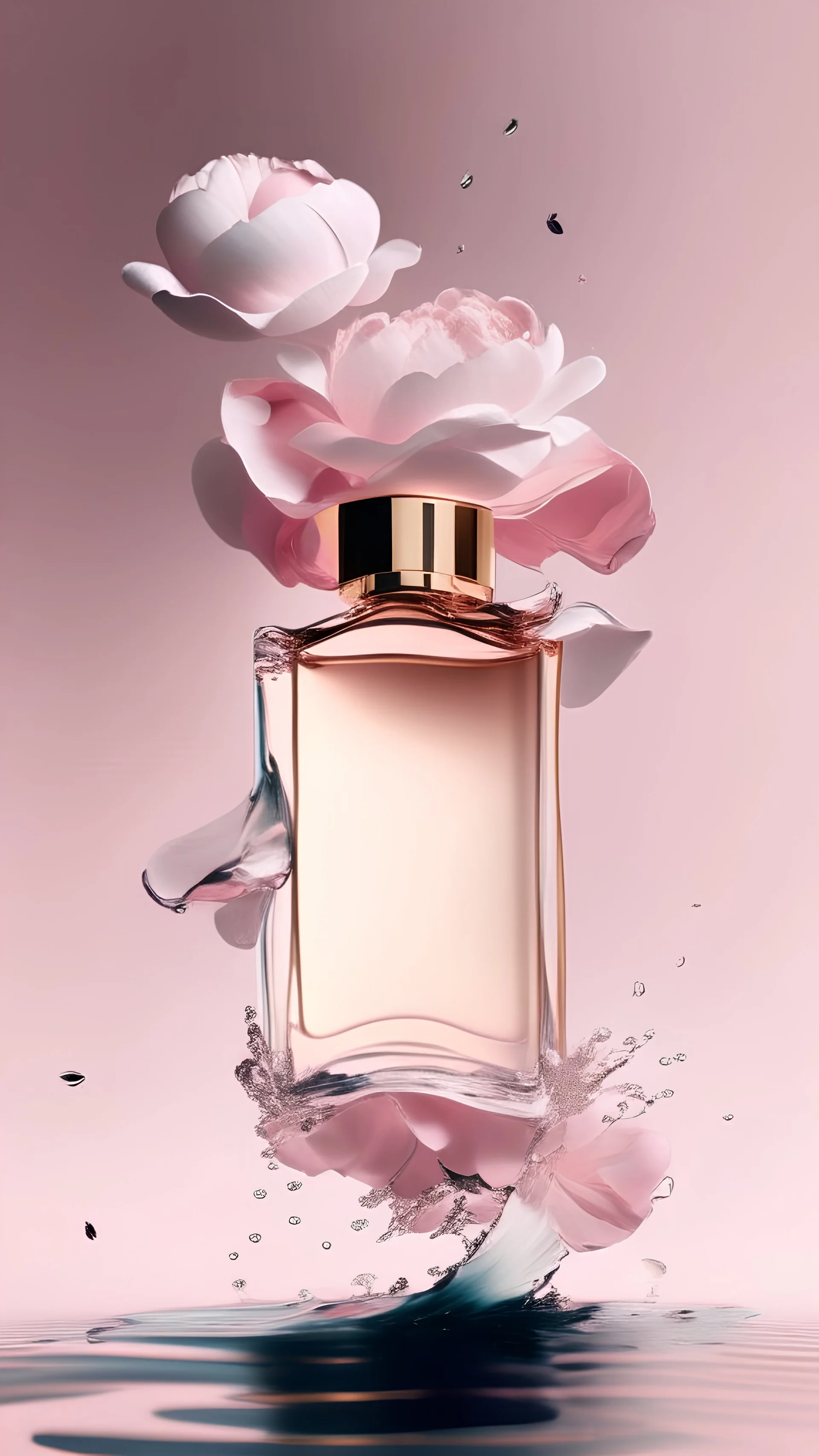 generate me an aesthetic photo of perfumes for Perfume Bottles with Floating Petals