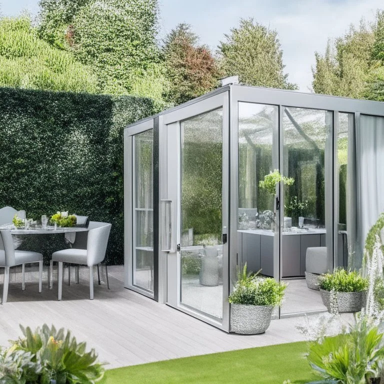 A picture of a modern garden room with silver party decoration