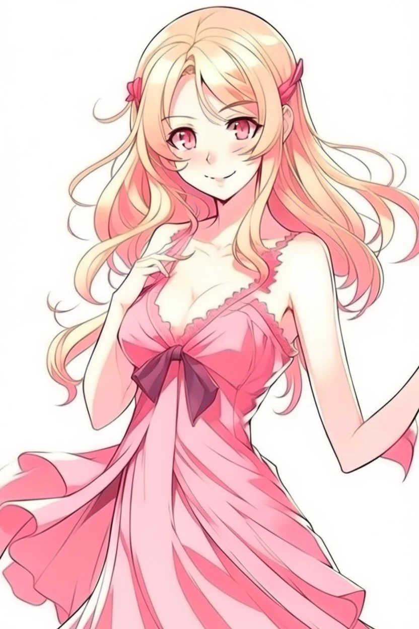 hot anime woman posing in pink dress and blonde hair