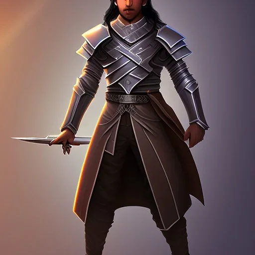 D&D character, male, long black hair, dark tan skin, artificer, holding gun, light armor, silver armor