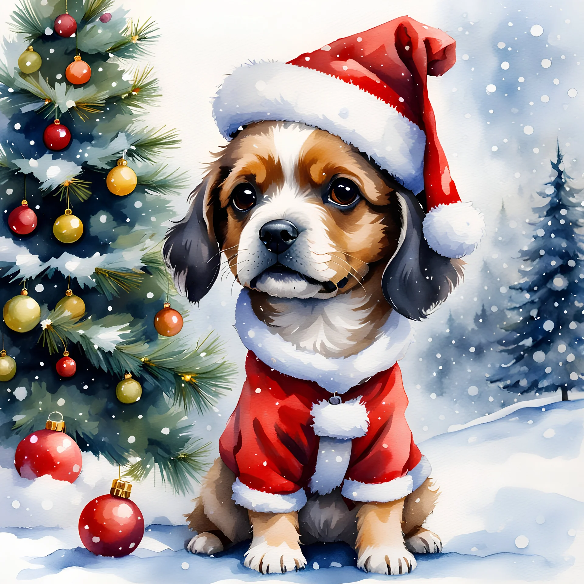 Christmas, cute little dog, she wears a Christmas costume, on her head she wears a Santa hat, Christmas presents, Christmas tree, Christmas snow, watercolour, a masterpiece; 8k highly detailed Jean Baptiste Monge style