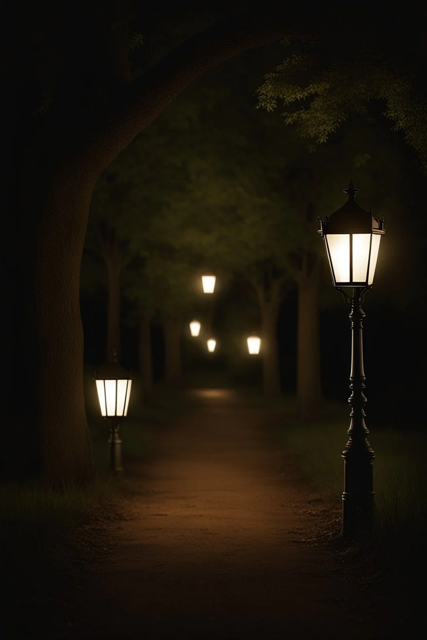 Park at night with lanterns, square bench, and dirt roads, trees, gothic horror films influence, creepy, photography