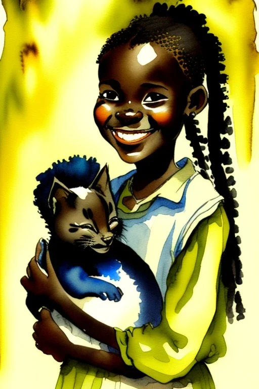 A cute smiling african girl is holding a kitten. Watercolour