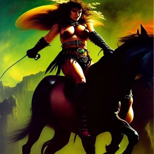 portrait oil on canvas, beautiful punk busty female Savage Barbarian Warrior, riding a Black Horse,green eyes, ,minimal armor,comic book cover, mystical colors,insanely detailed,realistic,intrincate detail, 16k resolution, masterpiece,Frank Frazetta,Alex Horley, Simon Bisley