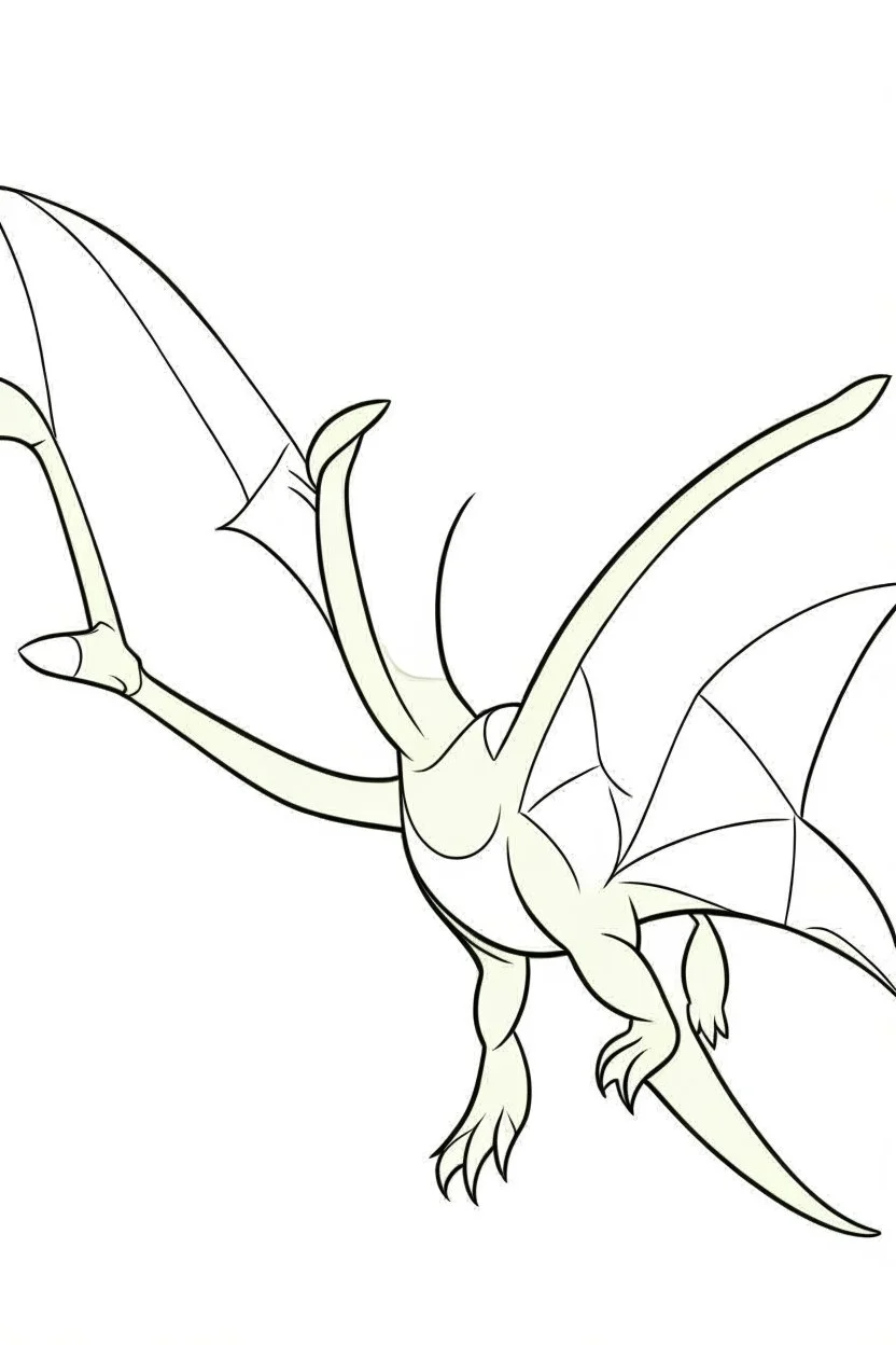 cute Pterodactyl, cartoon style, in its natural habitat, full body, defined lines, no shadows, light white background, minimalist style, well outlined with uniform and regular lines