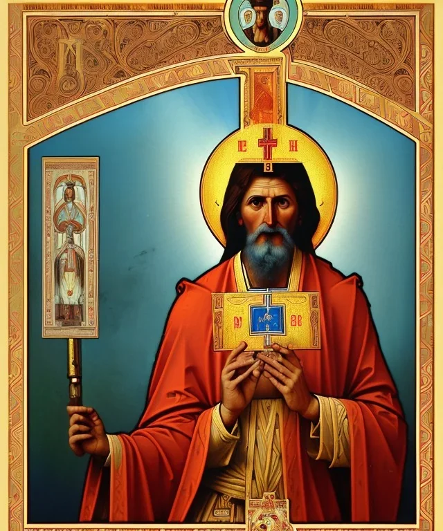 orthodox old icon with saint, patron of photographers. he is holding a camera in one hand and 35mm film in the other. Cyrillic inscriptions are the names of photographic brands. hyperdetailed, Alphonse Mucha, Zdzisław Beksiński, poster, illustration, ink, oil on canvas, 18th century atlas