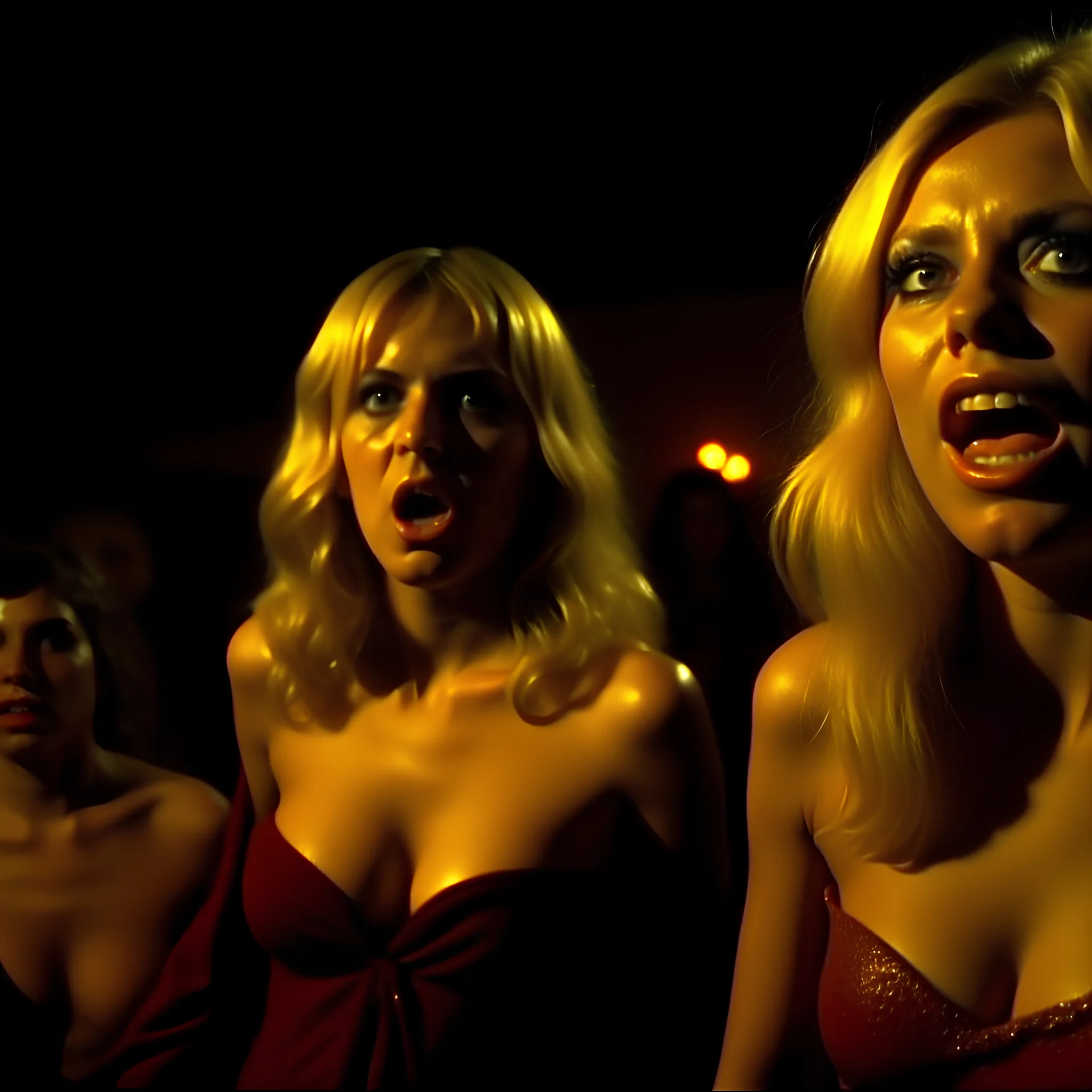 Horror movie shot, ultra realistic, hot wasteland, ultra realistic hot blonde women, hot party, pieces of meat, they enjoy, organs, ail, dynamic, very excited hot people, hypermaximalist figures, light, 1970's Italian horror movie, sinister,, Dario Argento, Stanley Kubrik, ornate, 4k, photorealism