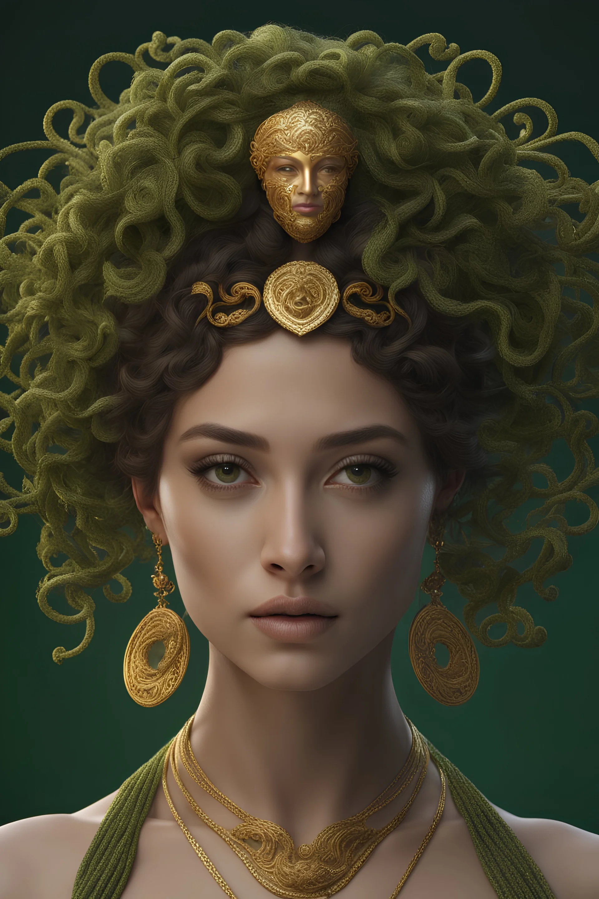 Medusa, greek mythology, young female face, green aesthetic, young female face, golden ratio, symmetric, elegant, ornate, luxury, matte painting, ultra realistic, concept art, intricate details, highly detailed, photorealistic, octane render, 8k, unreal engine, sharp focus, volumetric lighting unreal engine.