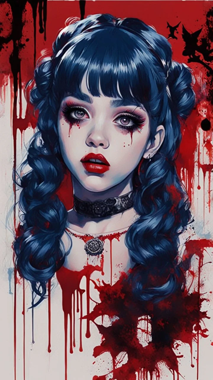 Poster in two gradually, a one side malevolent goth vampire girl face and other side the Singer Melanie Martinez face, full body, painting by Yoji Shinkawa, darkblue and red tones,