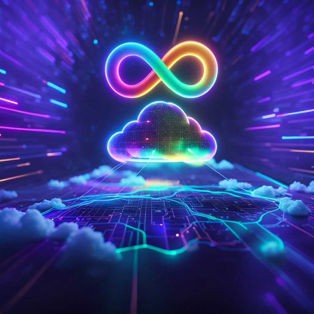 Colourful 3D glowing infinity symbol ∞, hovering above a colourful glowing cloud, network and lights coming from the cloud onto a futuristic map of the globe, inspiring, neon, glowing, friendly, beautiful, octane render, 8k post-production, artstation: award-winning: atmospheric: commanding: fantastical: clarity: 16k: ultra quality: striking: brilliance: liquid medium: stunning colors: amazing depth; lens: f/8, 28mm