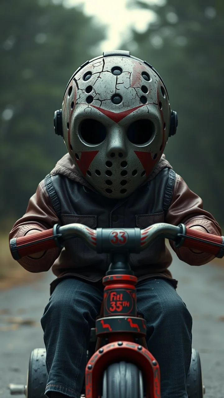 a front view of the Friday 13 face movie , riding a children’s tricycle, his face skin is a rusted broken metallic skin texture in a 3d rendering full-height image of a grim and dark scene. Ensure the final images exhibit the utmost quality, encompassing 4K, 8K, and 64K resolutions, with 3D rendering that manifests in photorealistic, hyperrealistic, and highly detailed representations. Employ techniques such as HDR, UHD,
