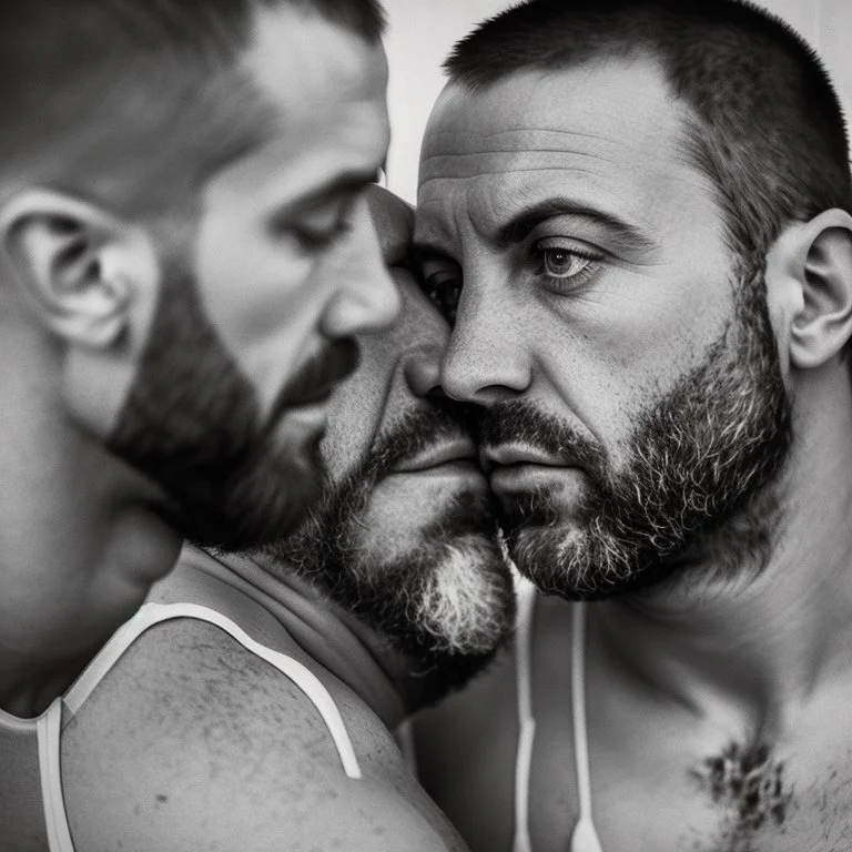 extreme close up photo of two italian prisoners in tank top 40 years old kissing in prison behind bars, chubby, dirty, ugly, bullneck, muscular, short beard, long hairs, manly chest, misery and poverty, emotive eyes, photo 35mm lens, side view, photorealistic, ultradetailed