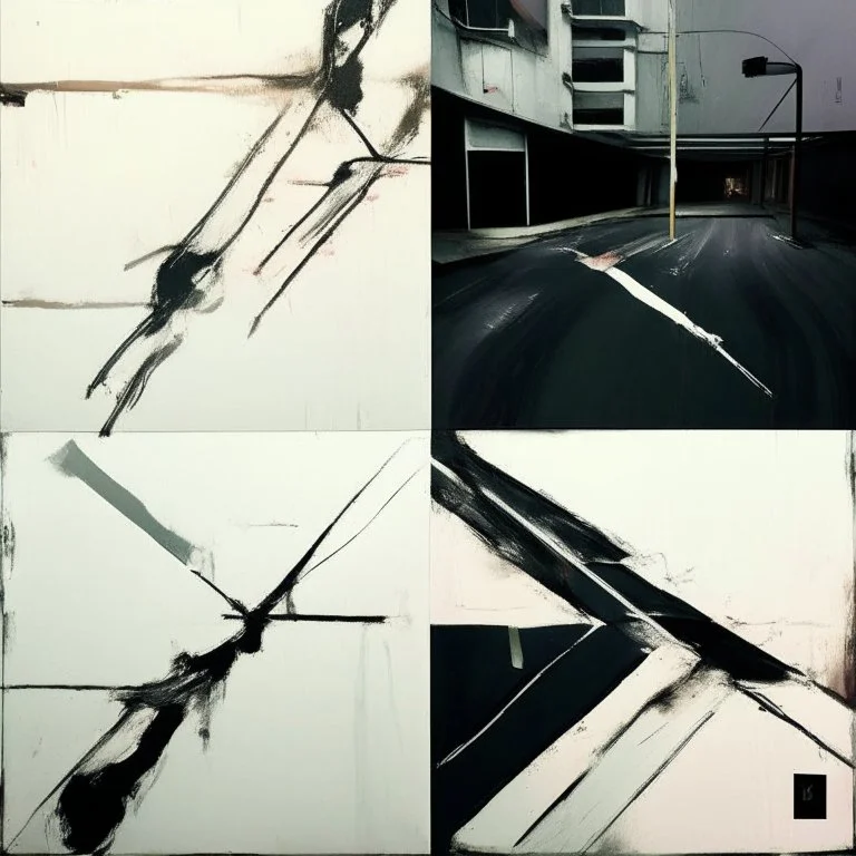 Minimal abstract oil paintings desolate 1960s carpark concrete fragments and naked bodies. style of Justin Mortimer and Francis Bacon. road markings.