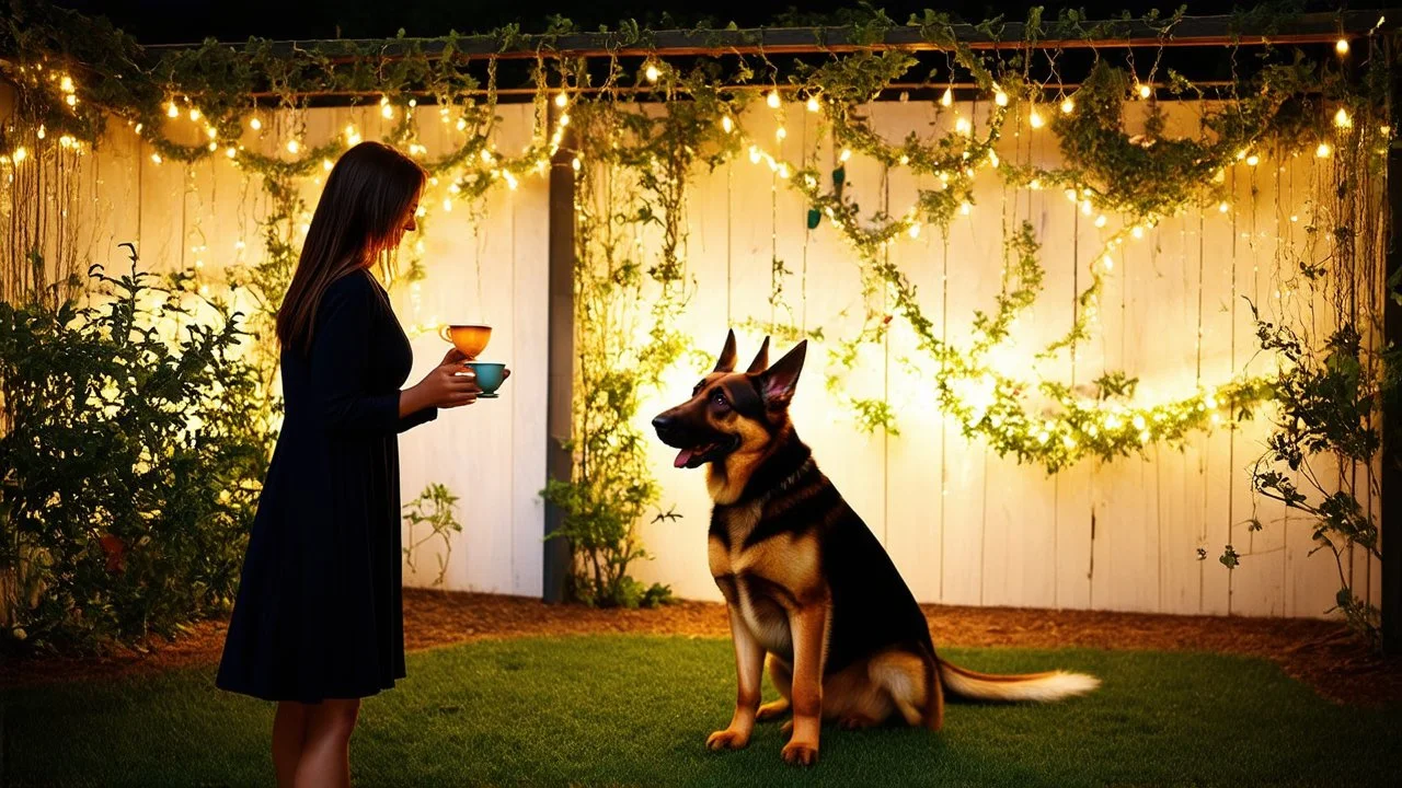 In the minimalist garden lit by hanging garlands, a woman in a dark dress held a cup of tea, the German Shepherd standing by her side, keeping watch.