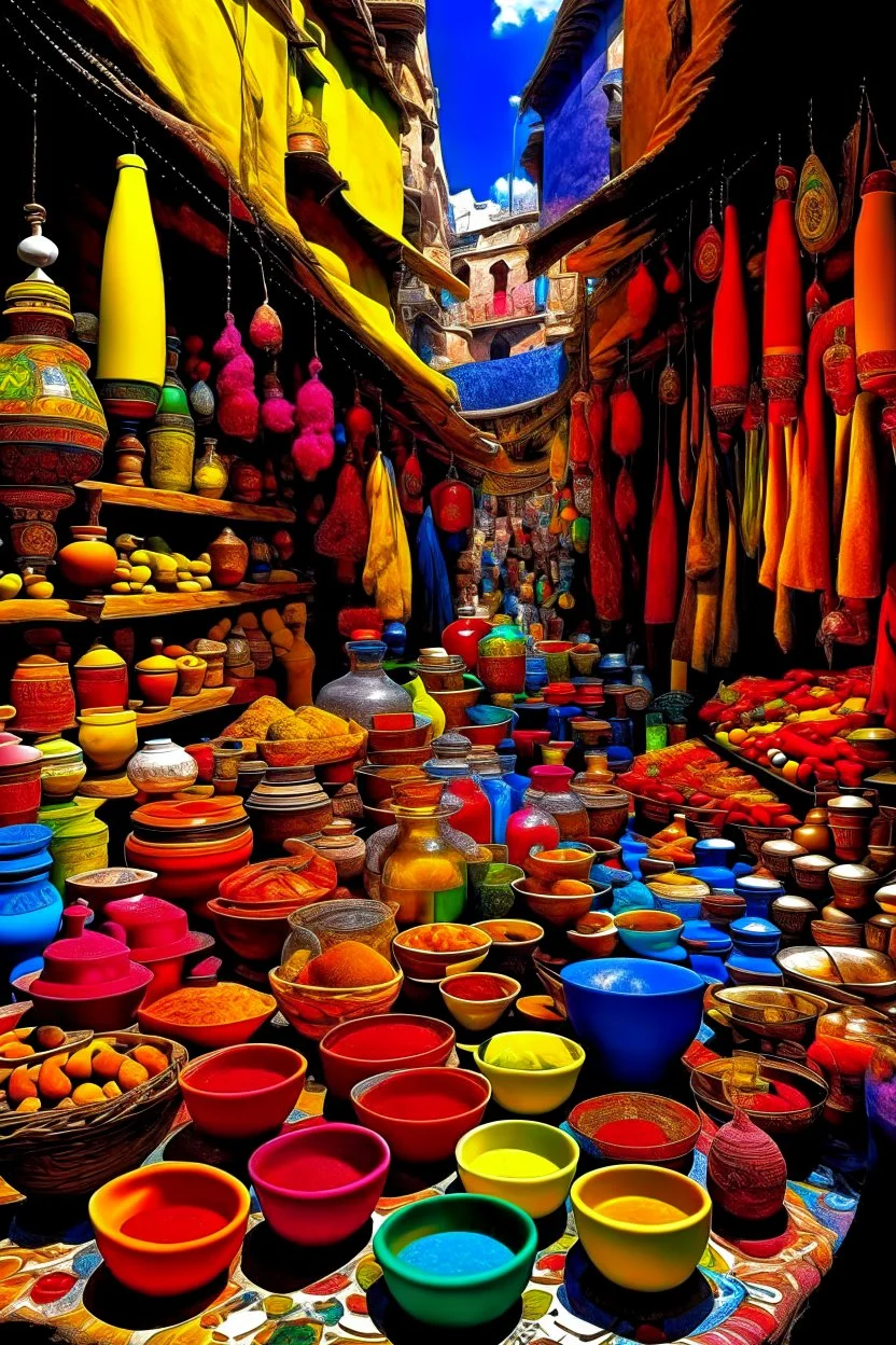 "Experience the rich and vibrant colors of a bustling Moroccan market as you sip on a steaming cup of Karak tea, infused with fragrant spices and served in a traditional glass."