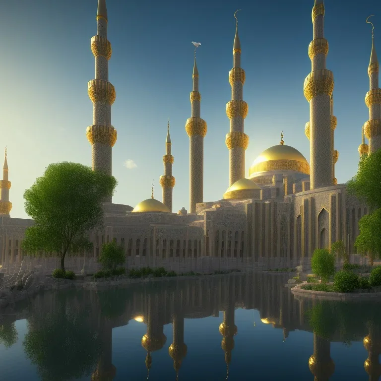 4d 8k, cinematic view, rendered by engine 5, mosque, skyscrapers, landscape, river, sun, birds, trees,