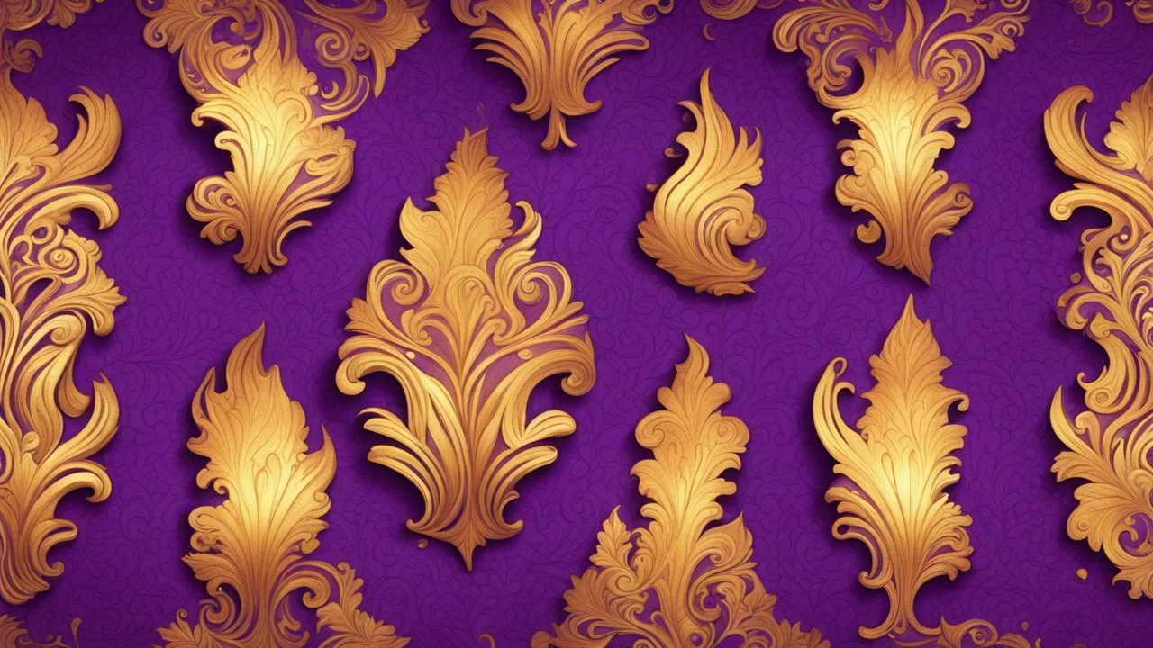 Hyper Realistic Glowing-Golden-Vintage-Patterns on Purple-background with fire-embers on it