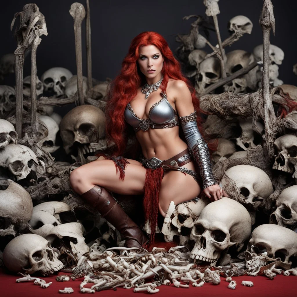[high res photo by Moritat] Red Sonja poised on hands and knees surrounded by bones and skulls