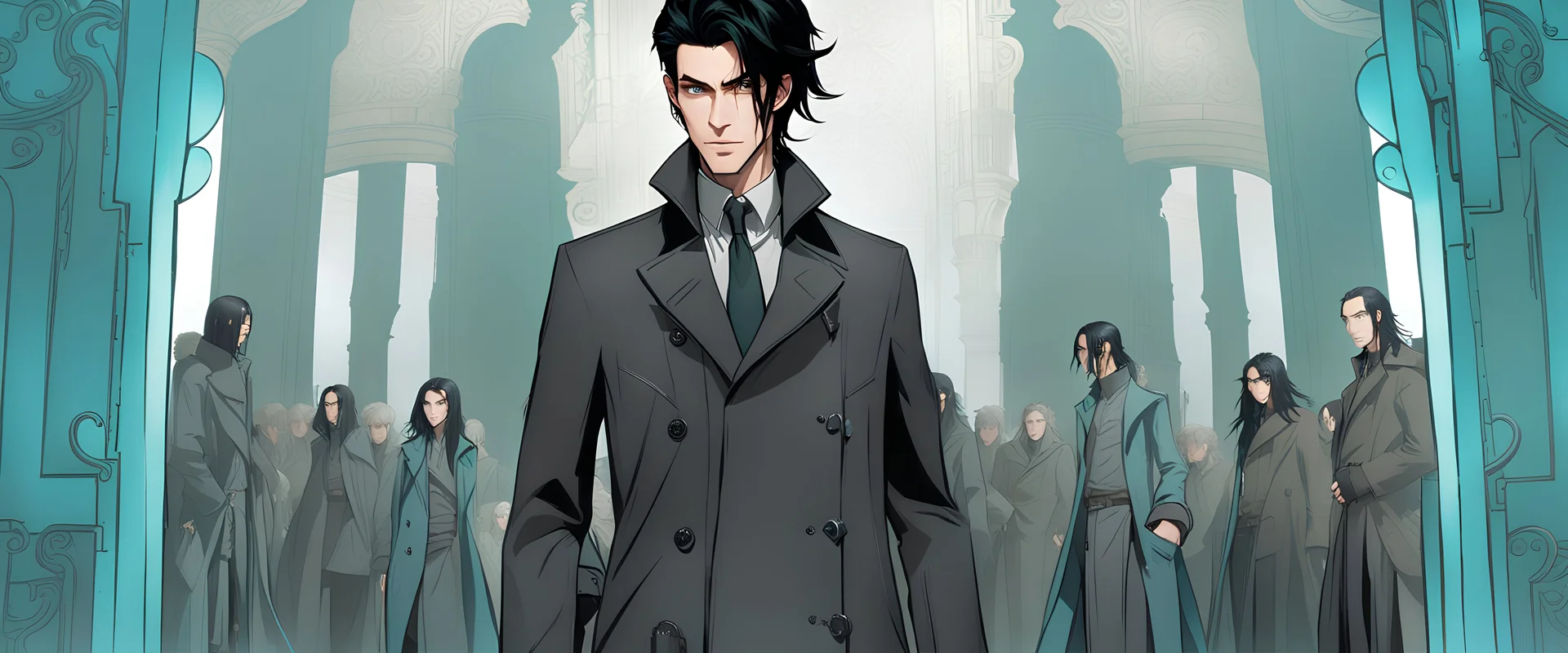 Elyx is a slender 35 year old man with jet-black hair that falls just above his piercing, glowing cyan eyes. He often wears a long, dark trench coat that seems to shimmer with an ethereal sheen, giving it an otherworldly quality. His movements are unnaturally smooth and fluid, almost as if he's gliding rather than walking.