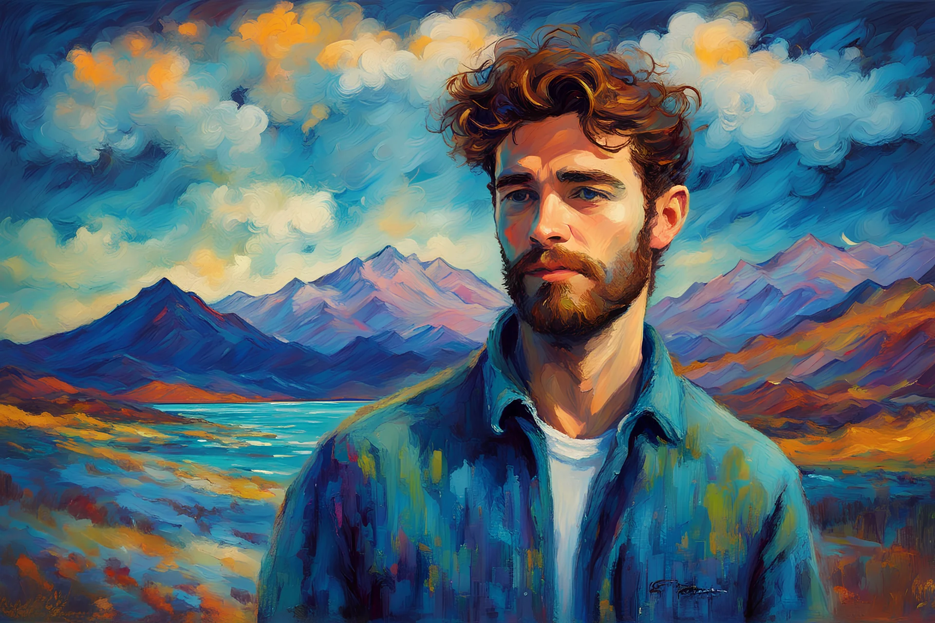 John Lowrie Morrison oil impasto painting tufting tapestry high quality double-exposure photo handsome young beard ACTOR, wears Joe Casely-Hayford hipster fashion, artistically blended with a Icelandic Dawn Aurora Borealis mountain beach landscape, austrian symbolism, double exposure, (illusion:1.2), mixture, (blue background:1.2), foreground clouds, (digital art:1.3), make up, impasto art style