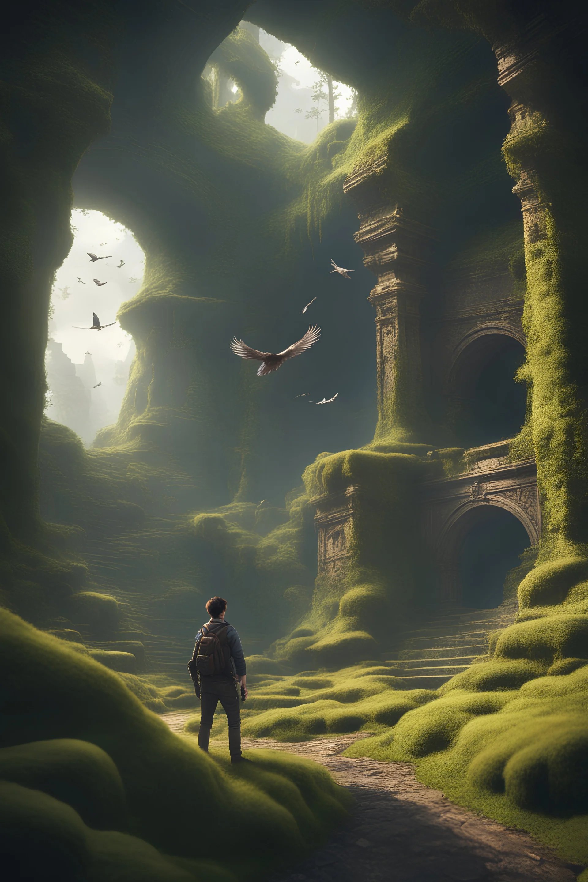 A adventurer finding a lost ancient city,bird flying in the distance,moss growing around, cinematic lighting,ray tracing,in the style of Chris Becker