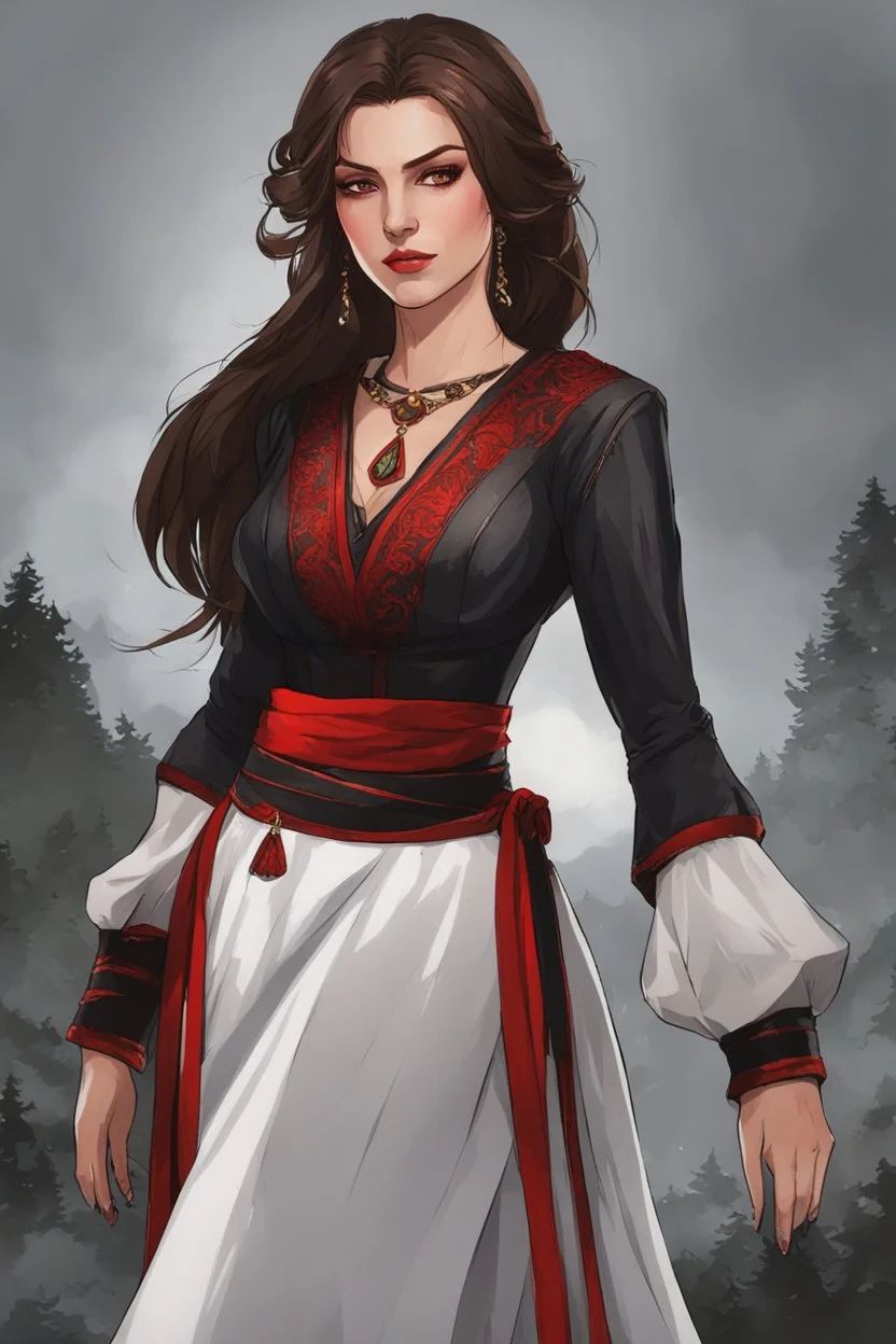 concubine in the Witcher world, long brown hair, red eyes, red and black attire