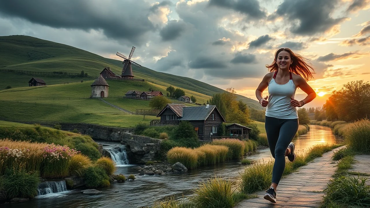 a village over high grassy hills,a small fall and river and wild flowers at river sides, trees houses ,next to Ripe wheat ready for harvest farm,windmill ,a few village local shops ,cloudy sun set sky, a beautifull lady in sports pants and top shirt runimg to camera along river side