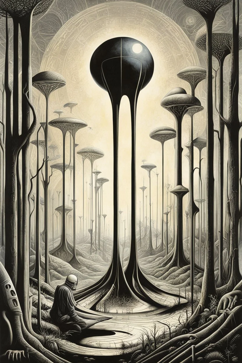 People are planting trees, first contact concept art, by Colin McCahon and Jim Burns and Brian Despain, by H.R. Giger, silkscreened mind-bending illustration; sci-fi poster art, asymmetric, vertical scroll of strange geometric symbols, complex biomorphism, technical biomechanics, futurism