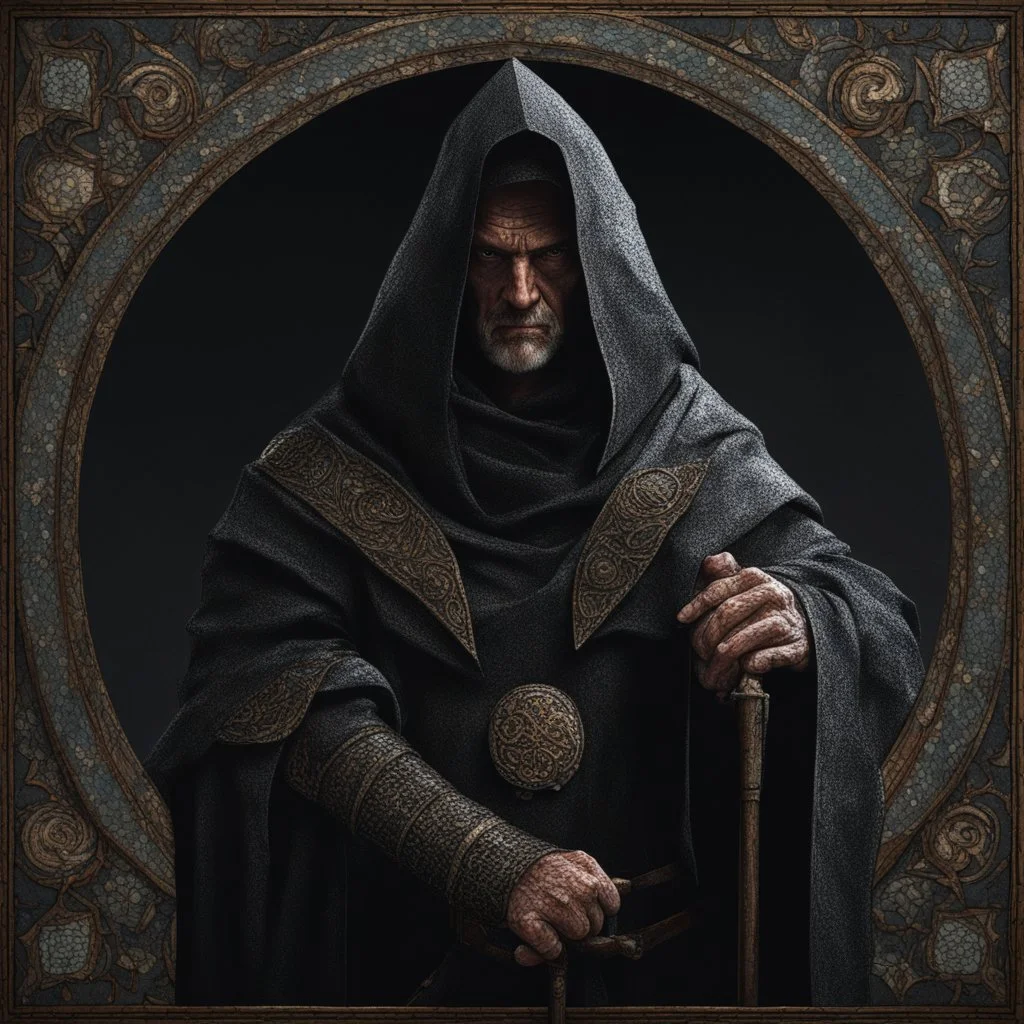 Dnd, fantasy, portrait, only face, archimage, medieval mosaic, ruthless, violent, old, black robe