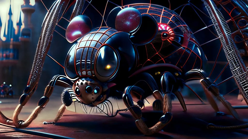 a spider mickey mouse hybrid, photorealism, movie screen capture, horror, sci-fi, retrofuturism,