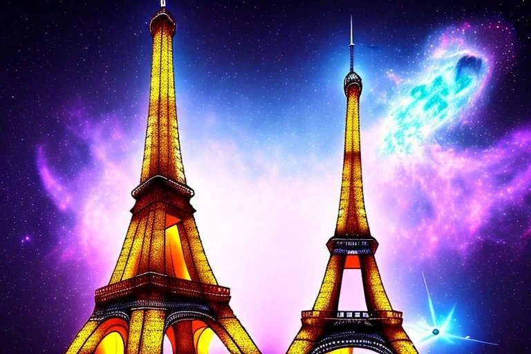 Eiffel tower but bigger and made from diamonds . nebula in sky . flying cars passing by.