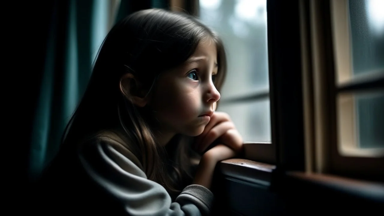 An 11-year-old girl looks out of a window inside the classroom, her hand is not visible, her skin is not white