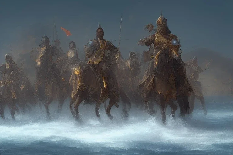 An ancient Egyptian army in front of the sea , cinematic, 8k, resolution concept art portrait by Greg Rutkowski, Artgerm, WLOP, Alphonse Mucha dynamic lighting hyperdetailed intricately detailed