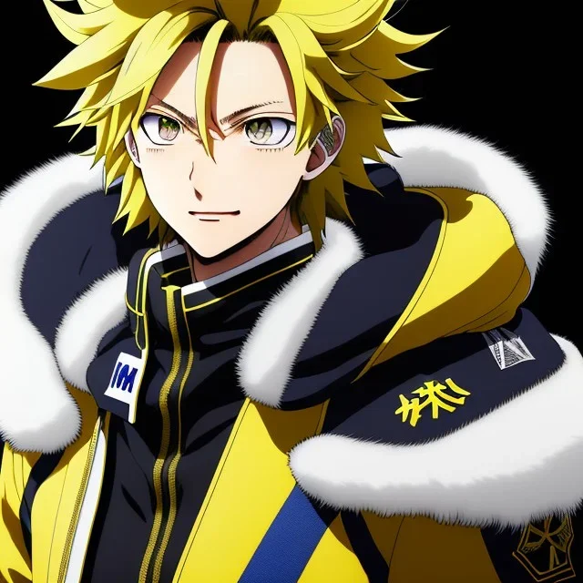 Detailed anime portrait of denki Kaminari my hero academia, yellow hair, black suit, intricate details, full body portrait, keep head in frame, slight smile, black Japanese motif, concept art, highly detailed, digital painting, concept art, sharp focus, illustration, art by Yoji Shinkawa, WLOP and greg rutkowski and alphonse mucha and artgerm and yanjun Chen and Junji ito and Makoto Shinkai, HDR, octane render