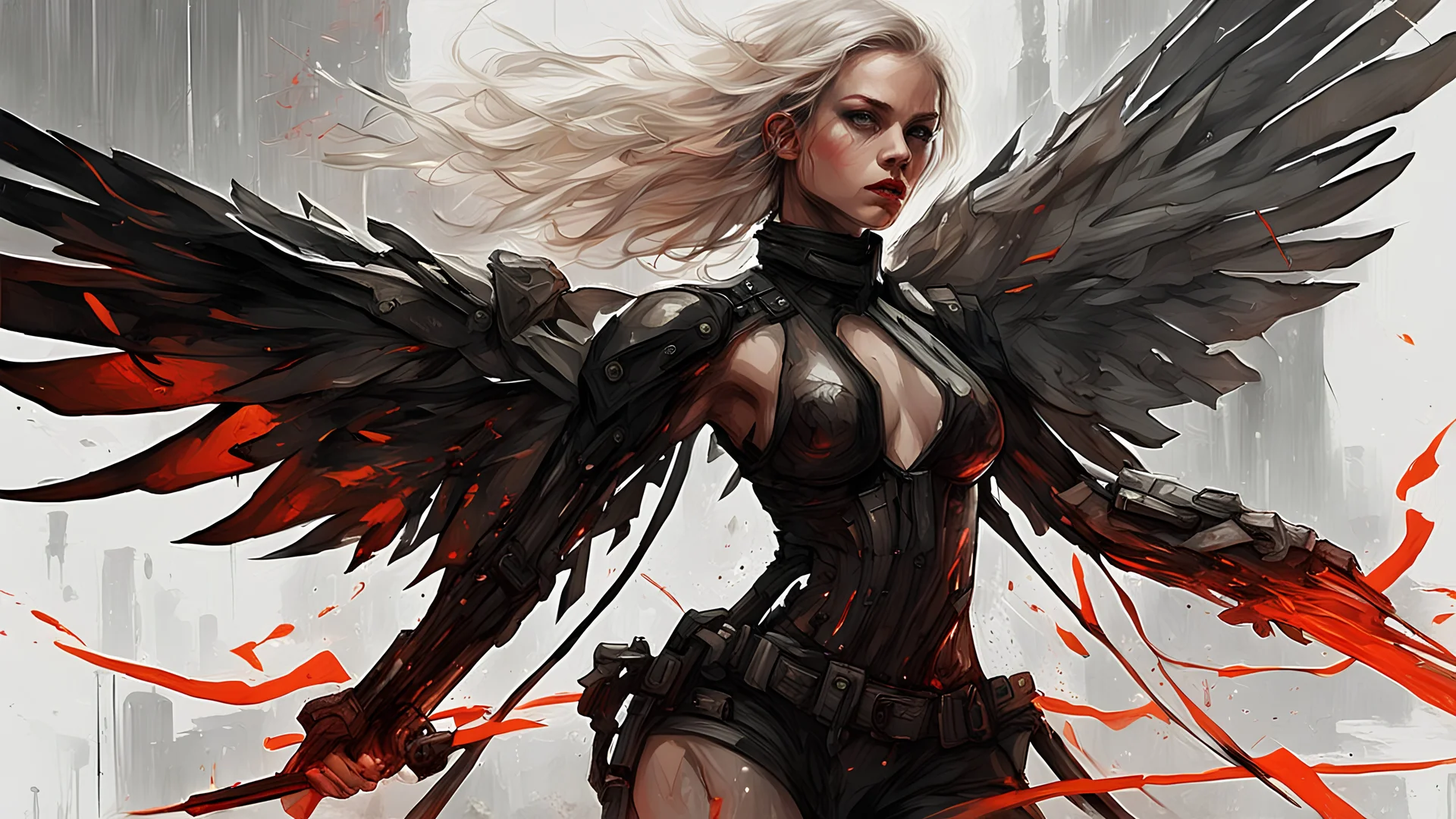 biomechanical women, beautiful, cyberpunk, dusty blonde, short square, large biomechanical black wings, sword, cybernetic, dynamic pose, rain, wind, ashes, flashes of fiery threads, sketch art, fine lines, grunge, sensual, darkness, dark colors, by Raymond Swanland & Alyssa Monks & Anna Razumovskaya