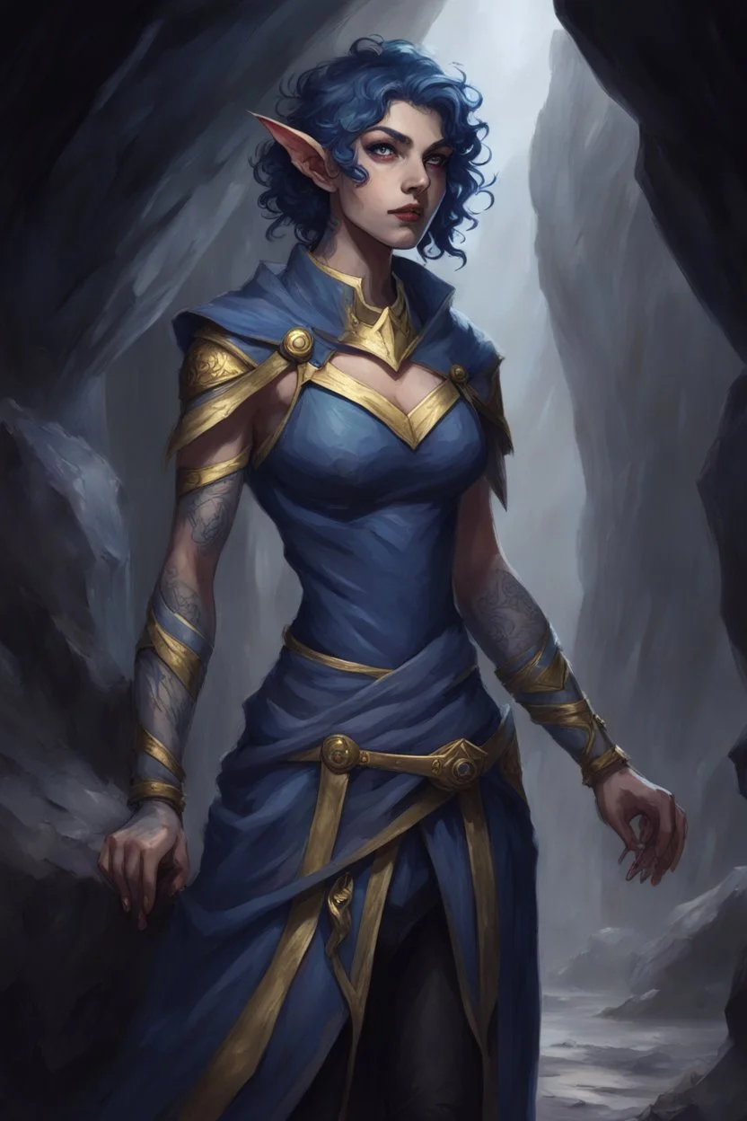 Dnd character in a dark cave. Leaning against a wall. A female Elf twilight cleric with super curly, super short, dark blue hair and golden eyes, wearing gray and dark blue robes. With tattoos. Etheral, very muscular, strong.