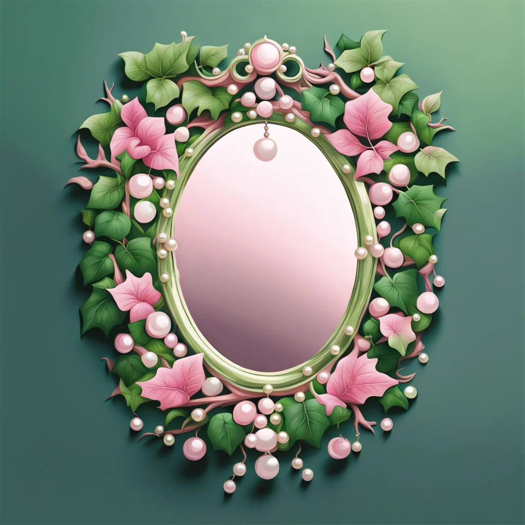 Create an Artwork of a Mirror with ivy branches and pearls necklace, Like a creative Logo for a Varasity Jacket to put a random number uin it, illustration. Colors should be pink and green