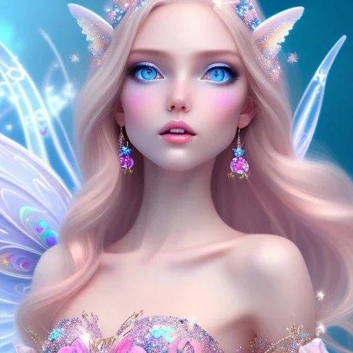  beautiful, soft, whide smile face,whole head, long blonde straight hair, blue eyes, fairy wings on the back, transparent crystal blue and pink clothes, background blue and pink, big definition, 8K