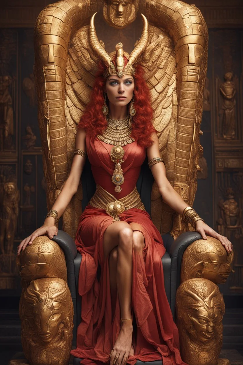 A mature Egyptian goddess with red hair and amber eyes, wearing a red silk gown and a necklace of scarabs. She is sitting on a throne made of gold, carved with the head of a wise and ancient dragon