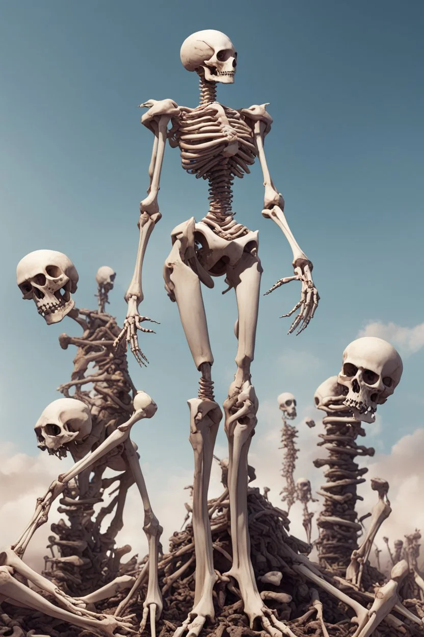 a bone yard with a tall android woman standing at the top of a pile of bones