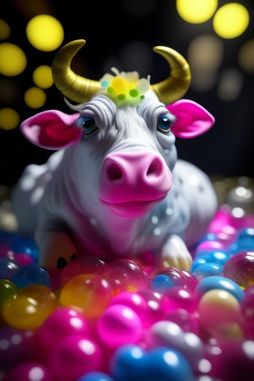 portrait of glitter haired cow on a yoga space ship made of ice cream, smiling with beautiful shiny, each inside a pile of transparent jelly bubbles of weird colors with insect aliens inside, disco egg made of small mirror, light rayz, feast table ,shot on Hasselblad h6d-400c, zeiss prime lens, bokeh like f/0.8, tilt-shift lens 8k, high detail, smooth render, down-light, unreal engine, prize winning