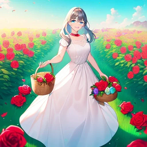 very gorgeous anime girl wearing a yellow and white dress ,standing in a meadow of flowers, spreading rose pedals on the ground. beautiful eyes and a stunning smile, blue eyes, two blue eyes, perfect nose and rosy cheeks and red lips. girl is holding a basket with flowers in it. girl has flawless face. simetrical face