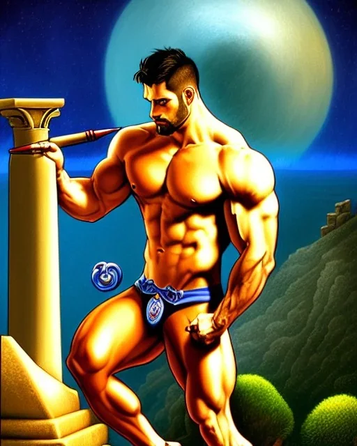 photorealistic hypermasculine homoerotic fantasy illustration of a mid 30s muscular beautiful man calculating a phantasm to glimpse Pythagoras's golden thigh While performing cult mathematics as i visited Olympus and looked down on greece in the style of Tim Burton, Thomas kinkade, Andy Warhol, Alphonse Mucha, Dan Mumford, ancient Greece, Pythagorean hypersigil, apparation, specter, smooth, sharp, HDR, dof, deep focus, hyper realistic, magic, mystical, ethereal, 3d render, octane render