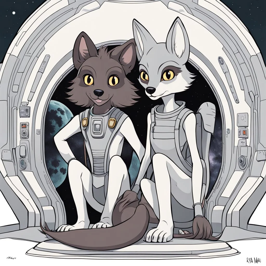 front in picture an of little dark brown catlike creature with big ears, big eyes stands medium close and looking an anthropomorphic wolf couple sitting on the spaceship's ramp close together, the pale gray body hair female wolf sits behind strong dark gray body hair wolf man, raini day, on ramp a little piece of meat lies down, high contrast, high detalied, high realistic, in background detail of an angular spaceship visible. Rain, 3d realistic , profesional fantasy photo