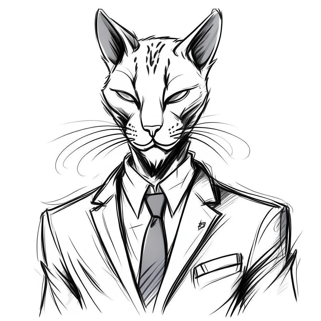 Illustrative sketch of a image of an humanoid cat, suit and tie, arte lineal ultra quality, 8k